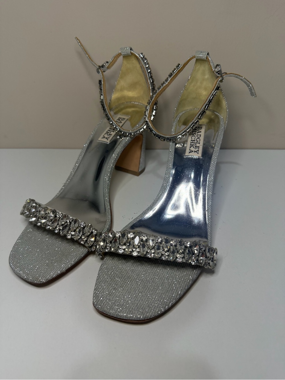 Badgley Mischka Silver Crystal-Embellished Ankle-Strap Heels